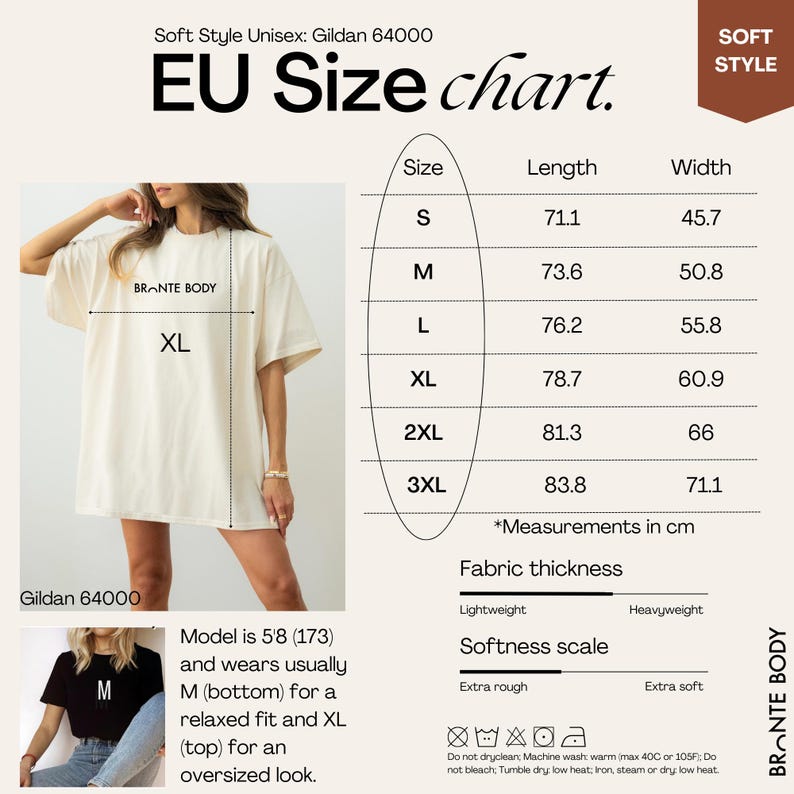 May include: Cream-colored Gildan 64000 unisex t-shirt with an EU size chart. The chart lists sizes S to 3XL, with lengths from 71.1 cm to 83.8 cm and widths from 45.7 cm to 71.1 cm. The shirt is lightweight and has a softness scale from extra rough to extra soft.