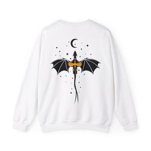 Dragon Sweatshirt Tairn Back Tattoo Fantasy book Sweater bookish Fantasy book merch dragons moon stars White