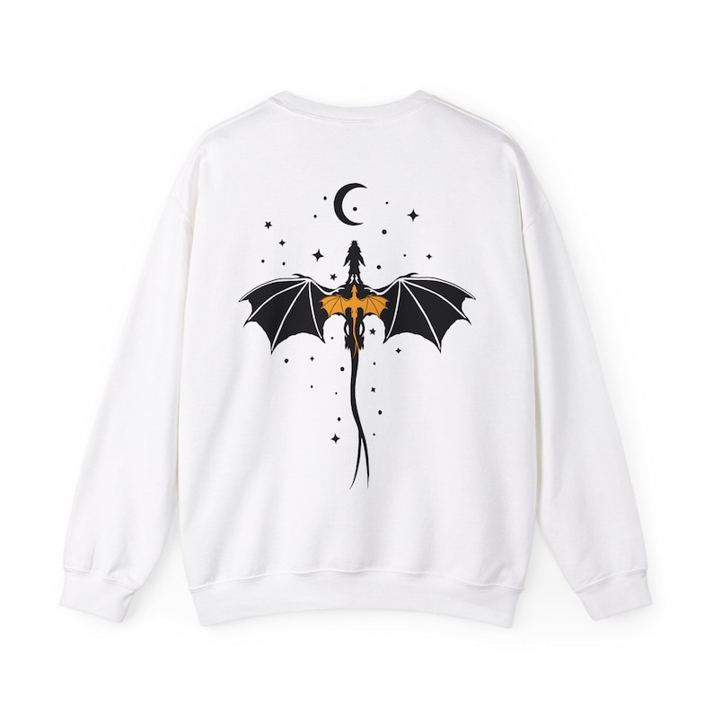 Dragon Sweatshirt Tairn Back Tattoo Fantasy book Sweater bookish Fantasy book merch dragons moon stars White