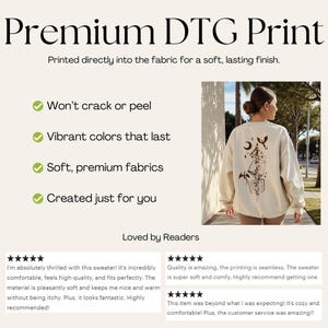 May include: A cream-colored sweatshirt with a brown graphic design on the back. The image also includes text that reads "Premium DTG Print" and highlights features like vibrant colors and soft fabrics. Customer reviews are also included.