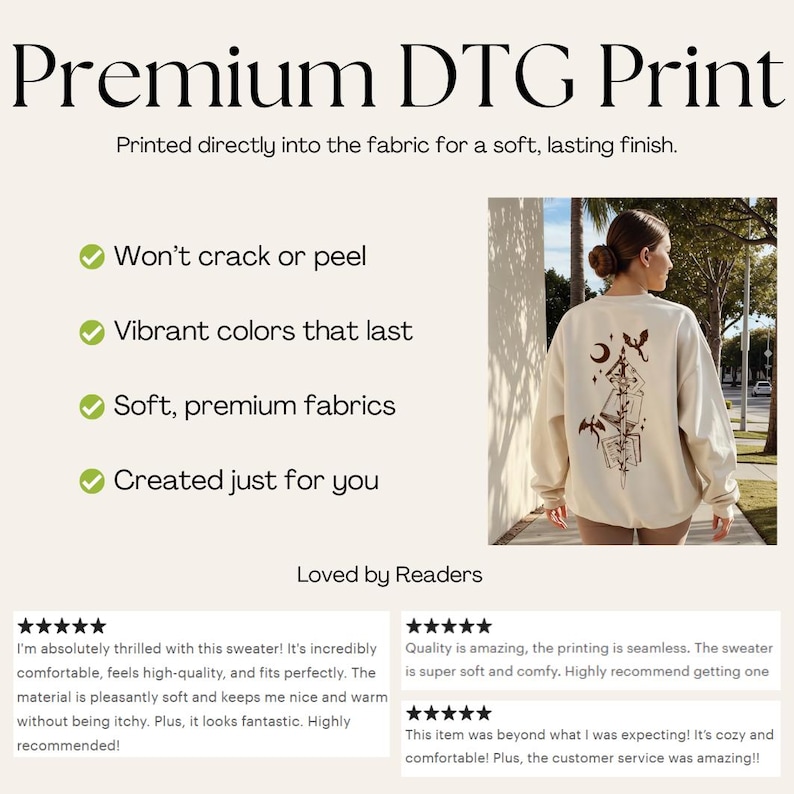 May include: A cream-colored sweatshirt with a brown graphic design on the back. The image also includes text that reads "Premium DTG Print" and highlights features like vibrant colors and soft fabrics. Customer reviews are also included.