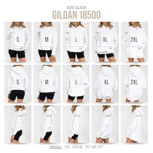 May include: A size guide for the Gildan 18500 hoodie, displaying white hooded sweatshirts in sizes S through 2XL. The chart includes front, back, and side views with measurements in inches for length and width, plus model stats of 5'8, 125lb.