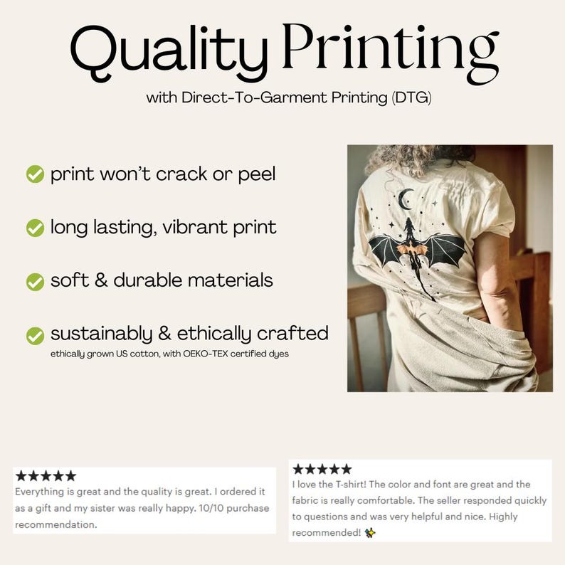 May include: A cream-coloured t-shirt with a black and orange dragon design on the back, set against a crescent moon and stars. The image also includes the text "Quality Printing" and customer reviews.