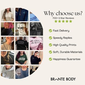 Może przedstawiać: Obraz promocyjny prezentujący koszulki i bluzy z r&oacute;żnymi nadrukami. Tekst "Dlaczego warto nas wybrać?" jest wyr&oacute;żniony, wraz z korzyściami takimi jak szybka dostawa i wysokiej jakości nadruki. Nazwa marki "BRONTE BODY" jest widoczna na dole.