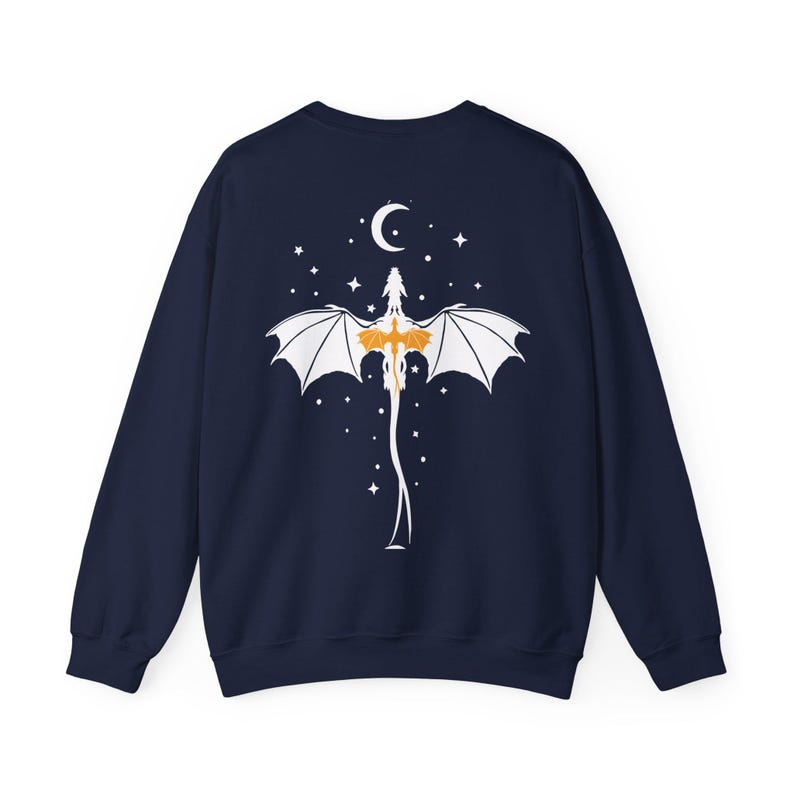 Dragon Sweatshirt Tairn Back Tattoo Fantasy book Sweater bookish Fantasy book merch dragons moon stars Navy