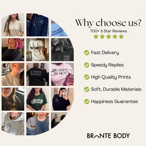 May include: A promotional image showcasing a range of t-shirts and sweatshirts with printed text. The image includes the text "Why choose us?" and lists benefits such as fast delivery and high-quality prints. The brand name "BRONTE BODY" is displayed at the bottom of the image.