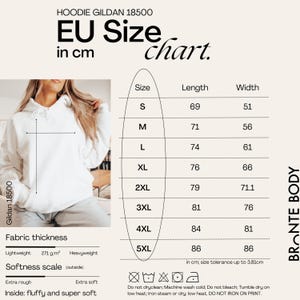 May include: White Gildan 18500 hoodie with an EU size chart in centimeters. The chart lists sizes S to 5XL with length and width measurements. Fabric thickness is lightweight at 271 g/m&sup2;. The inside is fluffy and super soft.