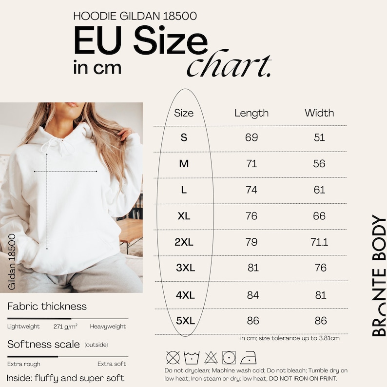 May include: White Gildan 18500 hoodie with an EU size chart in centimeters. The chart lists sizes S to 5XL with length and width measurements. Fabric thickness is lightweight at 271 g/m&sup2;. The inside is fluffy and super soft.