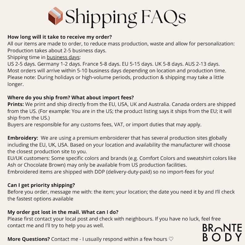 Może przedstawiać: Białe tło z tekstem "Shipping FAQs" i małą brązową ikoną pudełka. Tekst zawiera informacje o czasie przetwarzania zam&oacute;wień, miejscach wysyłki i opłatach importowych. Dotyczy r&oacute;wnież wysyłki priorytetowej i zagubionych zam&oacute;wień.