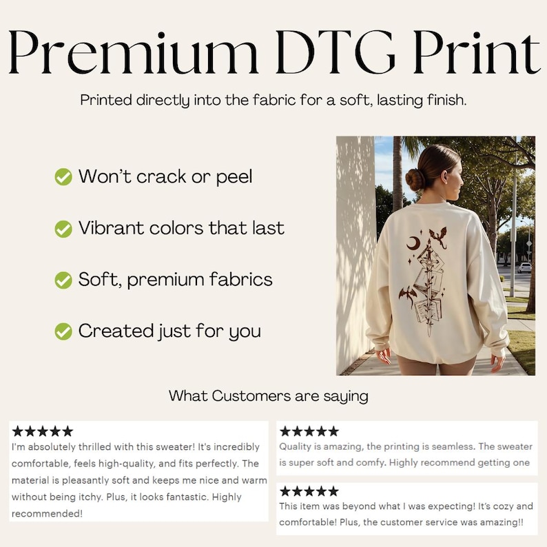 May include: A cream-colored long-sleeve sweatshirt featuring a dark brown graphic on the back depicting a sword, open books, a crescent moon, and small dragons. The text reads Premium DTG Print, Won't crack or peel, Vibrant colors that last, Soft, premium fabrics, Created just for you, and What Customers are saying.