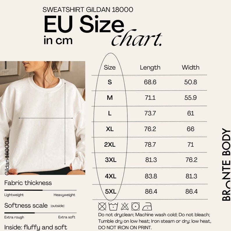 May include: White Gildan 18000 sweatshirt with an EU size chart in centimeters. The chart details measurements for sizes S to 5XL, including length and width. Fabric thickness and softness scales are also shown. The sweatshirt is lightweight and fluffy inside.