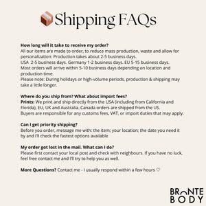 May include: A graphic titled "Shipping FAQs" providing information on order processing times, shipping locations, and import fees. The text also mentions how to get priority shipping and what to do if an order is lost. The brand name "BRONTE BODY" is at the bottom.