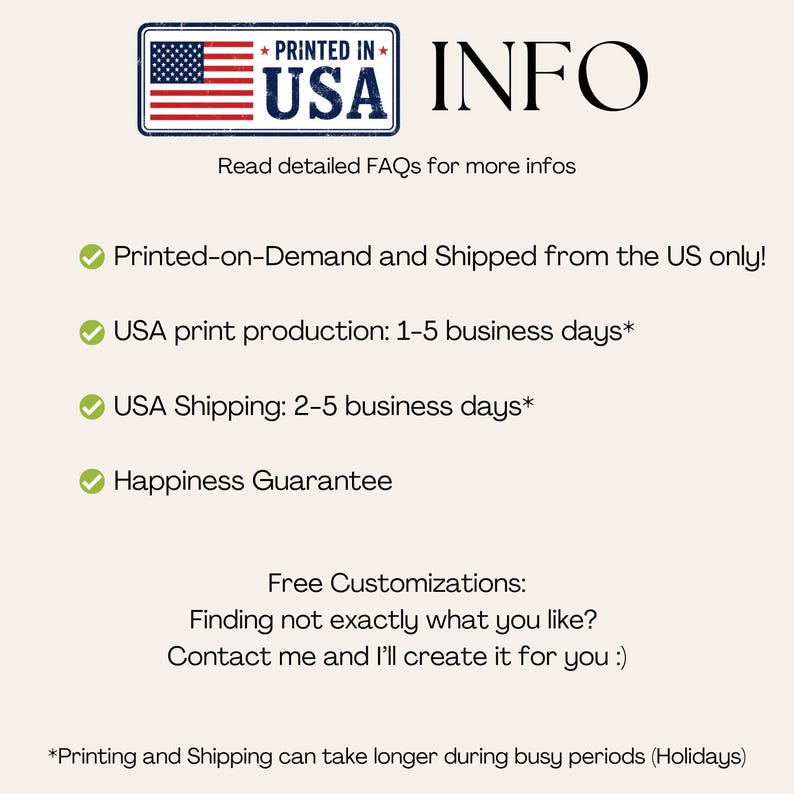Puede incluir: Un gr&aacute;fico informativo con el texto PRINTED IN USA INFO, seguido de puntos que indican: Printed-on-Demand and Shipped from the US only, USA print production: 1-5 business days, USA Shipping: 2-5 business days y Happiness Guarantee.