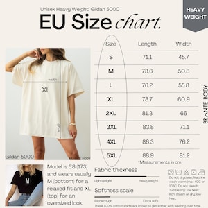 May include: Cream-colored Gildan 5000 heavy-weight t-shirt with an EU size chart. The chart shows measurements in centimeters for sizes S to 5XL. The model is 5'8" (173 cm) and wears a size M (bottom) and XL (top).