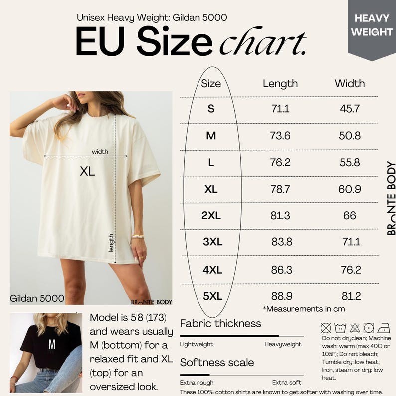 May include: Cream-colored Gildan 5000 heavy-weight t-shirt with an EU size chart. The chart shows measurements in centimeters for sizes S to 5XL. The model is 5'8" (173 cm) and wears a size M (bottom) and XL (top).