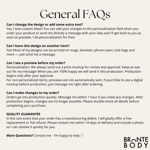 May include: A cream-coloured page with the text "General FAQs" at the top. The text answers questions about design changes, other items, order previews, and order changes. The bottom right corner has the logo "BRONTE BODY".