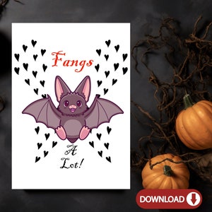 Fangs A Lot Bat Themed Pun Thank You Card | 7x5" Cyfrowa kartka okolicznościowa do wydrukowania Pobierz