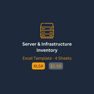 May include: A dark blue graphic with a yellow server icon at the top. The text reads "Server & Infrastructure Inventory" and "Excel Template • 4 Sheets". Below is a yellow XLSX button.