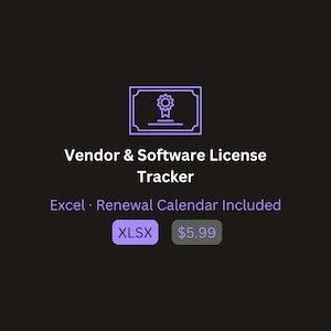 Op de afbeelding: Afbeelding van een digitaal product op een zwarte achtergrond. De afbeelding bevat een paars pictogram van een certificaat en de tekst "Vendor & Software License Tracker". Extra tekst luidt "Excel - Renewal Calendar Included" en bevat het XLSX-bestandstype.