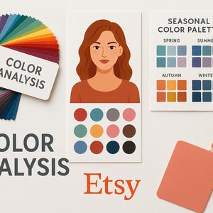 Peut inclure: Une image sur le thème de l'analyse des couleurs, avec un nuancier, une illustration de femme et des palettes de couleurs saisonnières. L'image comprend le texte "ANALYSE DES COULEURS" et "Etsy". Divers échantillons de couleurs et cartes sont également présents.