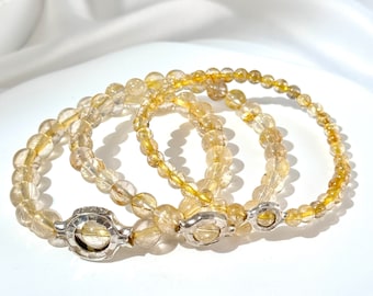 Golden Rutilated Quartz Ice Style Beaded Bracelet | Handcrafted in Canada | Symbol of Sunshine & Vitality | S925 Silver Accents