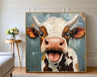 Large Cow Painting Oil Original Canvas,Cow Wall Art,Highland Cow Painting,Cow Art Decor Bathroom,Highland Cow Artwork,Cow Gift for Cow Lover
