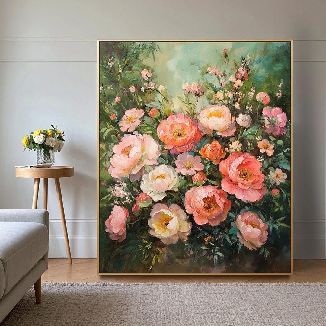 Vintage Floral Oil Painting, Pink Rose Still Life, Framed Canvas Art - Etsy