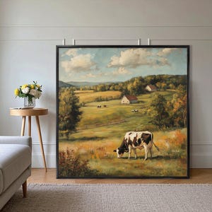Original Cow Oil Painting: Rustic Farmhouse Landscape Canvas Art