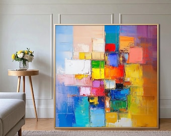 Impasto Abstract Art: Colorful Knife Texture on Canvas, Framed Decor