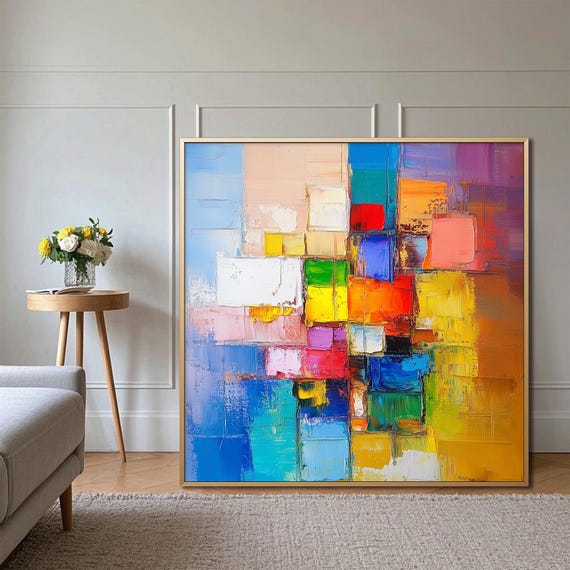 Impasto Abstract Art: Colorful Knife Texture on Canvas, Framed Decor