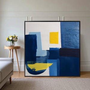 Living Room Blue and Yellow Abstract Wall Decor, Color Block Oil Painting on Canvas, Geometric Modern Art Painting, Gift for Art Lovers