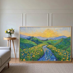 Pintura al óleo sobre lienzo de un amanecer en la montaña, arte de campo de flores silvestres, arte mural texturizado, decoración impresionista moderna para sala de estar, idea de regalo natural
