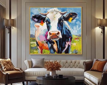 Highland Cow Oil Painting on Canvas: Farmhouse Wall Art