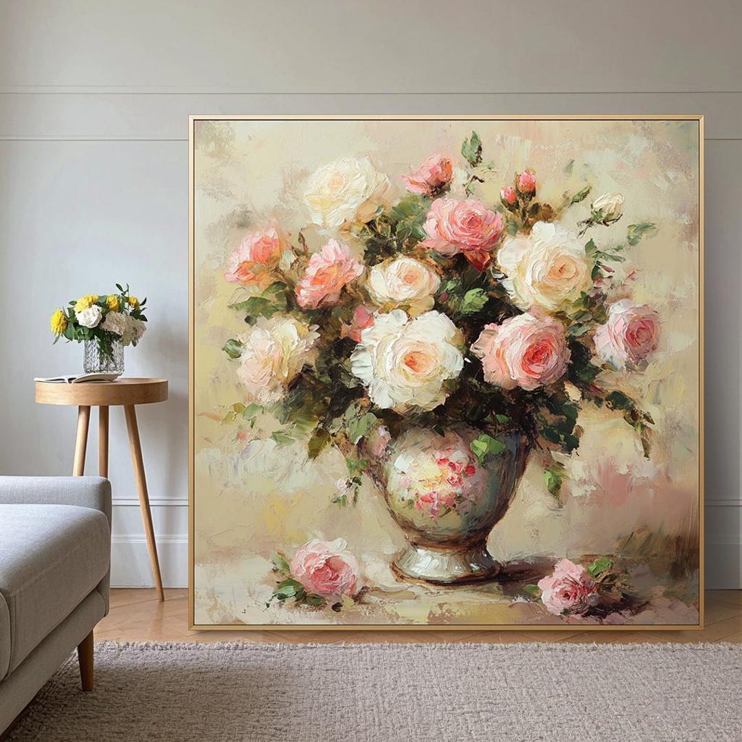 Large Abstract Rose Flower Oil Painting on Canvas, Vintage Vase Floral ...