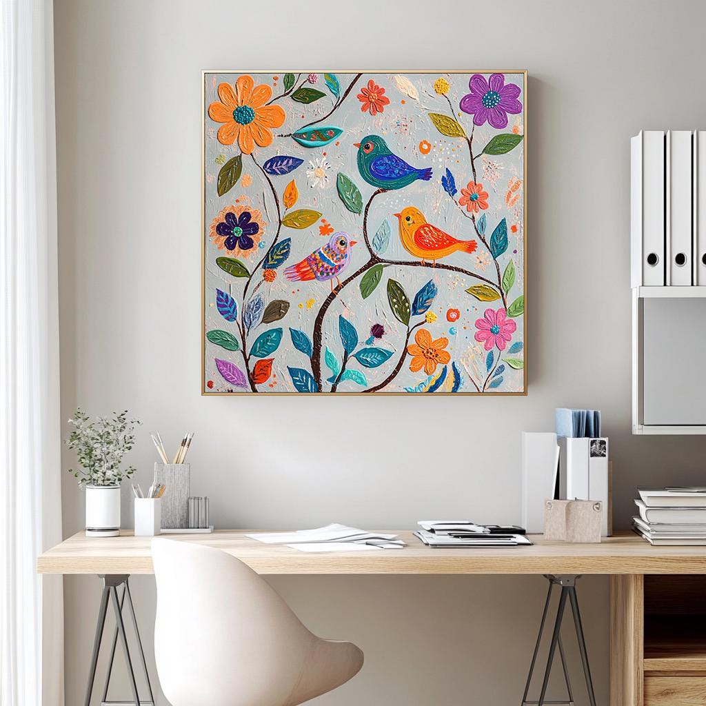 Folk Art Blue Bird Painting: Large Original Colorful Floral Canvas Wall ...