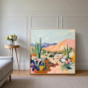 Textured Cactus Desert Sunset Painting: Southwest Palette Knife Art