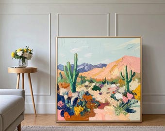 Textured Cactus Desert Sunset Painting: Southwest Palette Knife Art