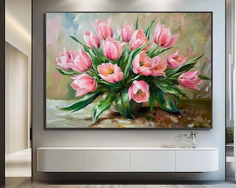 Large Impasto Tulip Oil Painting: Textured Floral Bouquet Wall Art Hand-painted Flower Decor Gift