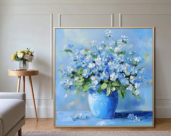 Blue Flowers Oil Painting, Vase Still Life Canvas Art, Floral Home Decor