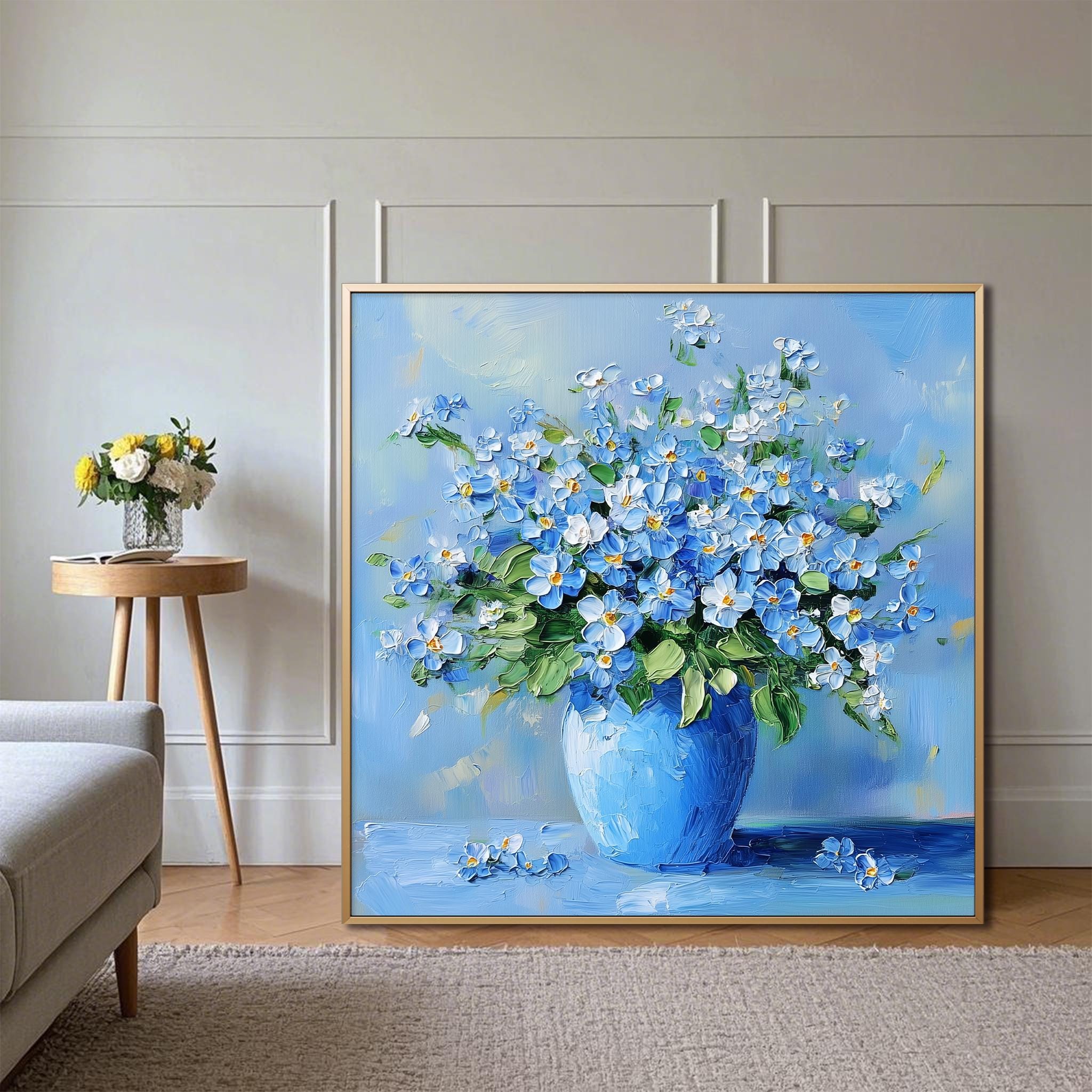 Blue Flowers Oil Painting, Vase Still Life Canvas Art, Floral Home Decor