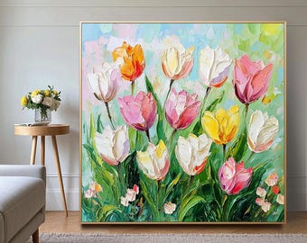 Textured Tulip Oil Painting: Impasto Floral Spring Artwork Canvas Landscape Gift for Her