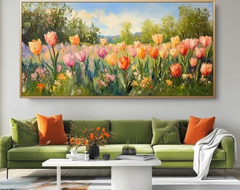 Textured Tulip Painting: Impressionist Floral Landscape, Original Oil Flower on Canvas Hand-Painted Gift