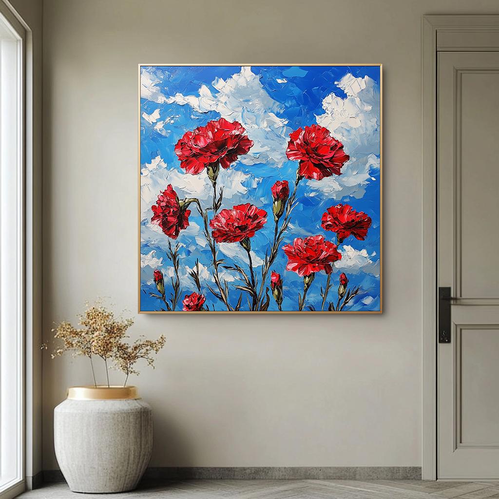 赤いカーネーションの油絵（キャンバス）、抽象的な花の壁アート