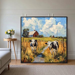 Rustic Countryside Cattle Oil Painting, Original Farmhouse Landscpe with Two Cows Painting Canvas, Impressionist Autumn Scene Wall Art Gift