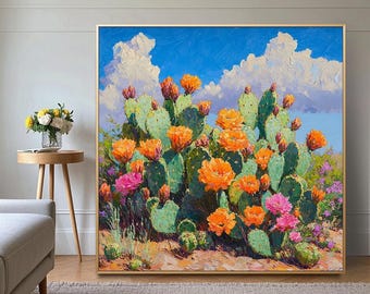 3D Cactus Flower Oil Painting: Textured Desert Landscape Art