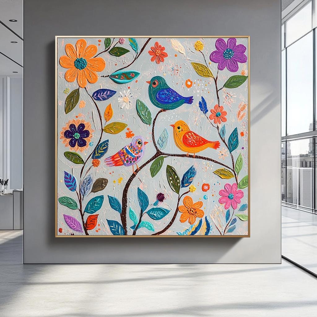 Folk Art Blue Bird Painting: Large Original Colorful Floral Canvas Wall ...