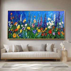 Textured Wildflower Canvas Art: 3D Floral Painting, Dark Blue Botanical Decor