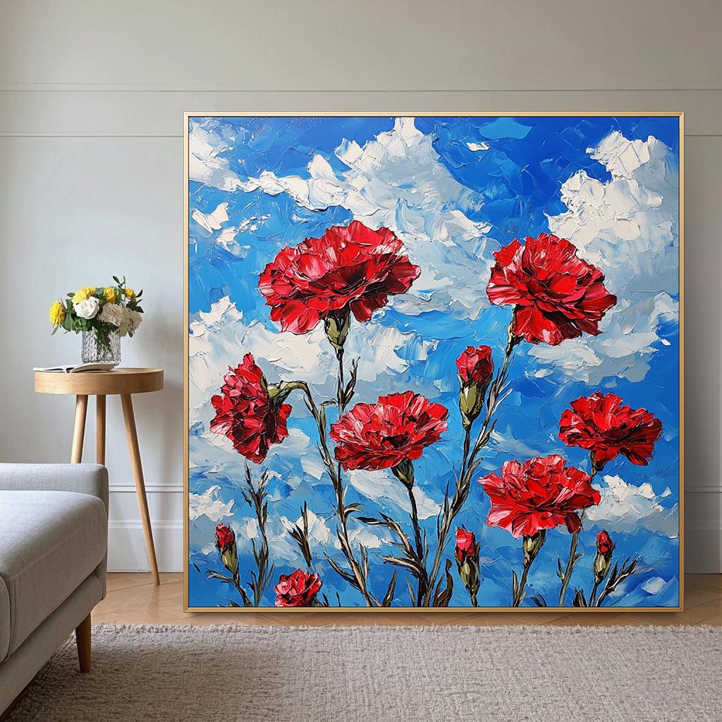 赤いカーネーションの油絵（キャンバス）、抽象的な花の壁アート