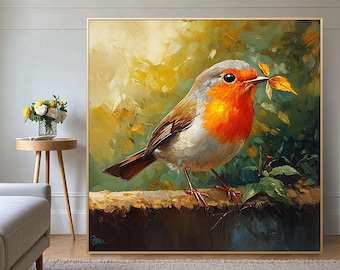 額入りロビン鳥の絵画、リアルな鳥の油絵、赤い鳥のオリジナルアート