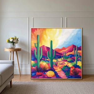 Desert Sunset Cactus Oil Painting: Warm Earth Tone Canvas Art